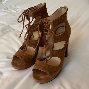 tan suede block heel tie up Vince Camuto Heels